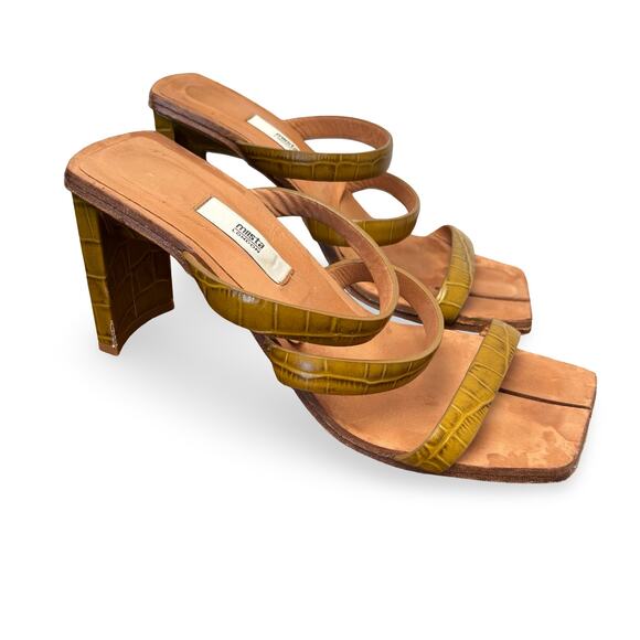 Miista Croc Embossed Olive Green Strappy Split Square Toe Heels Size 38 - Picture 3 of 9